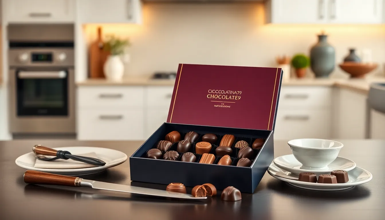elegantly packaged Cioccolatina79 chocolates on a refined kitchen counter.